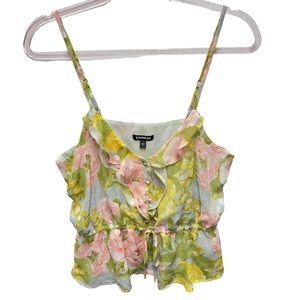 Express Chiffon Floral Swiss Dots Ruffle Peplum Layered Cami Blouse